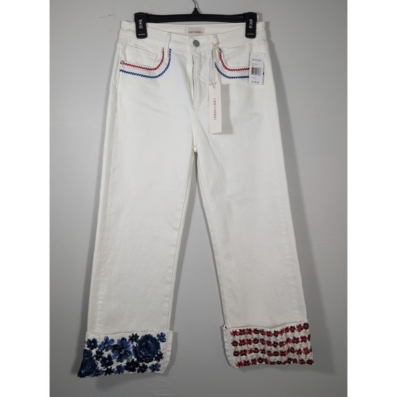 DRIFTWOOD Denim - Driftwood White Jeans Womens 34 Crop Embroidered Floral High Rise Stretch Denim